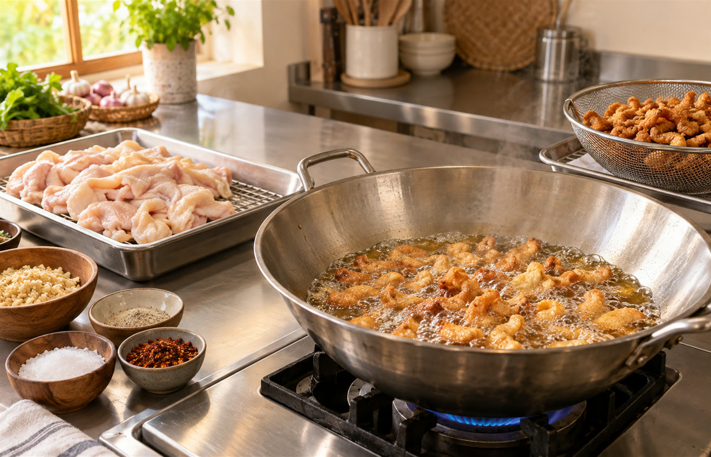 หนังไก่กำลังทอดในกระทะ ข้างถาดหนังไก่ดิบและเครื่องปรุง
